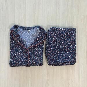 Uniqlo Pajama Set Women’s Medium Navy Floral Button-Up Sleepwear